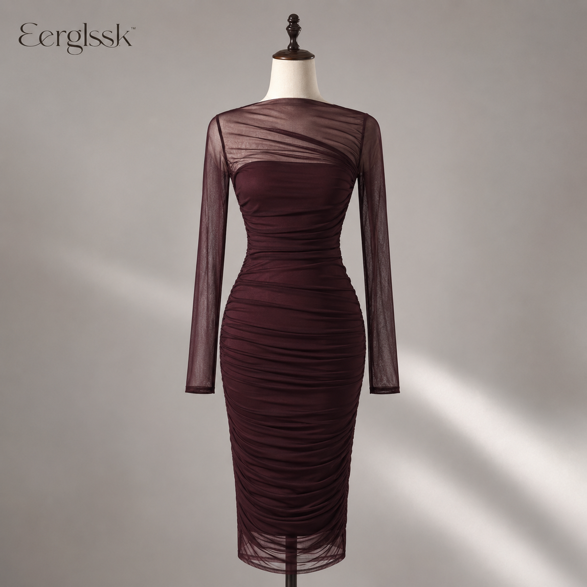 Eerglssk™ Liora Ruched Mesh Midi Dress – Long-Sleeve Cocktail & Date Night Dress