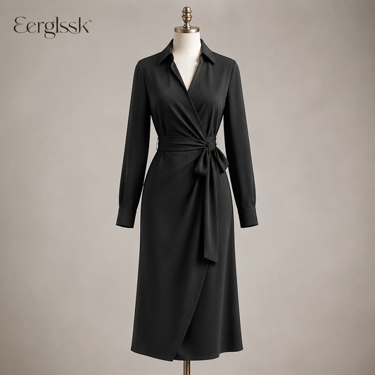 Eerglssk™ Amelie Belted Wrap Shirt Dress – Long-Sleeve Midi Office Dress