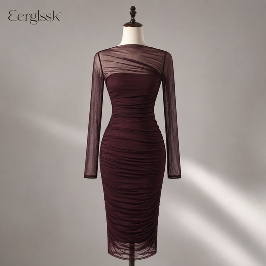 Eerglssk™ Liora Ruched Mesh Midi Dress – Long-Sleeve Cocktail & Date Night Dress